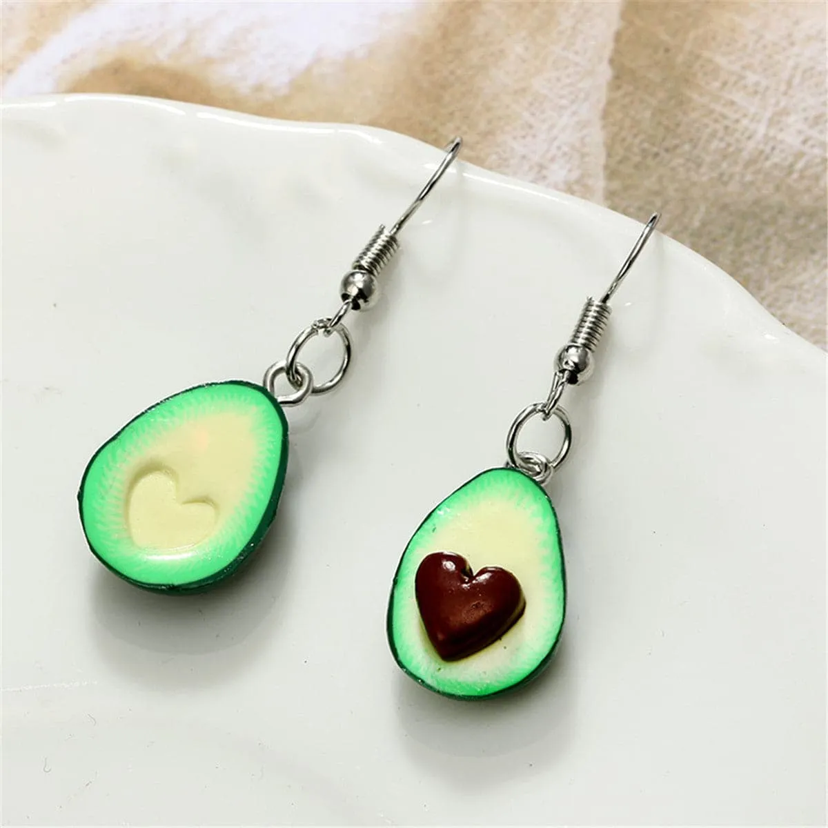 Green & Silver-Plated Avocado Heart Drop Earrings