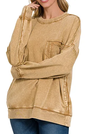 Harbourview Camel Acid Wash French Terry Pocket Pullover