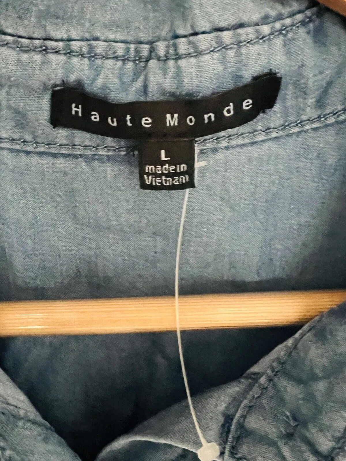 HAUTE MONDE NWT Womens Button Front Denim Shirt Sz L Blue Long Sleeve Collar Top