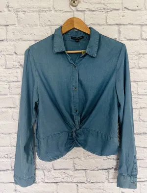 HAUTE MONDE NWT Womens Button Front Denim Shirt Sz L Blue Long Sleeve Collar Top