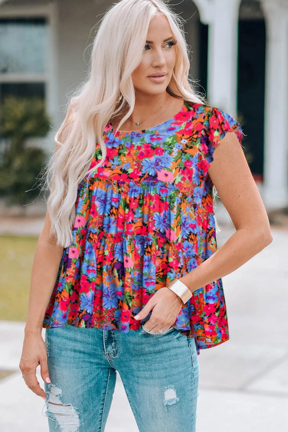 Hazel Blues® |  Floral Round Neck Frill Trim Blouse
