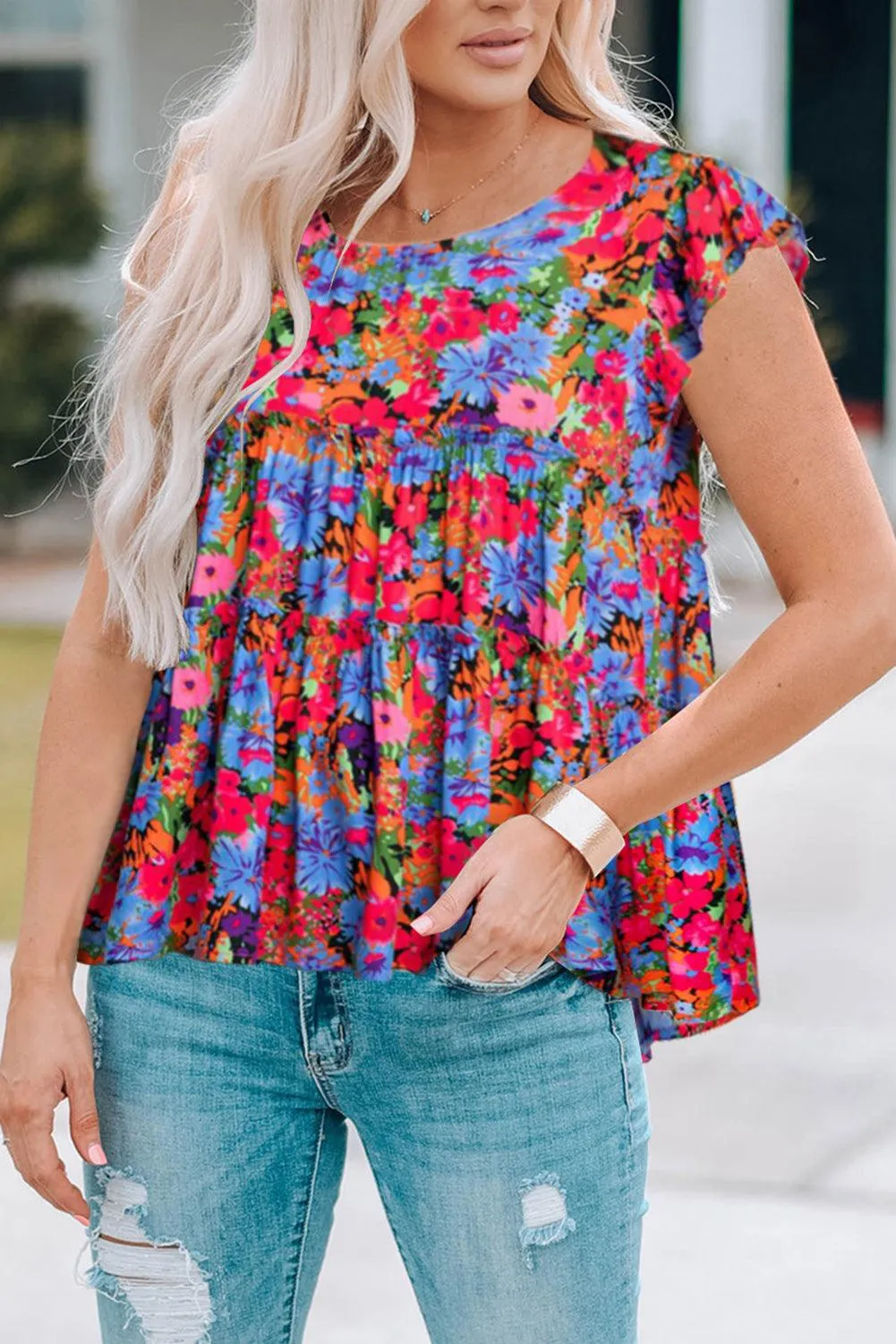 Hazel Blues® |  Floral Round Neck Frill Trim Blouse