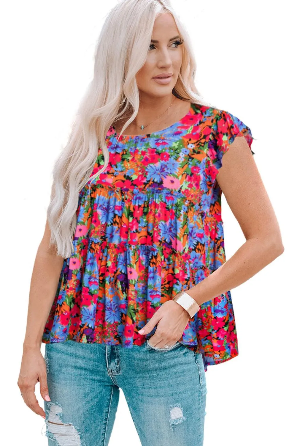 Hazel Blues® |  Floral Round Neck Frill Trim Blouse