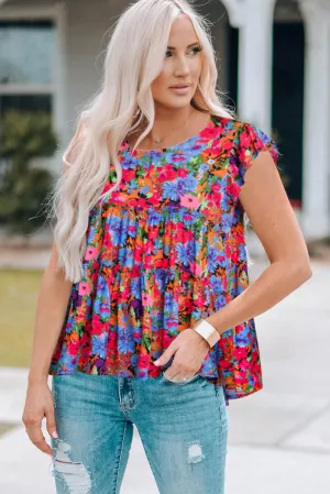 Hazel Blues® |  Floral Round Neck Frill Trim Blouse
