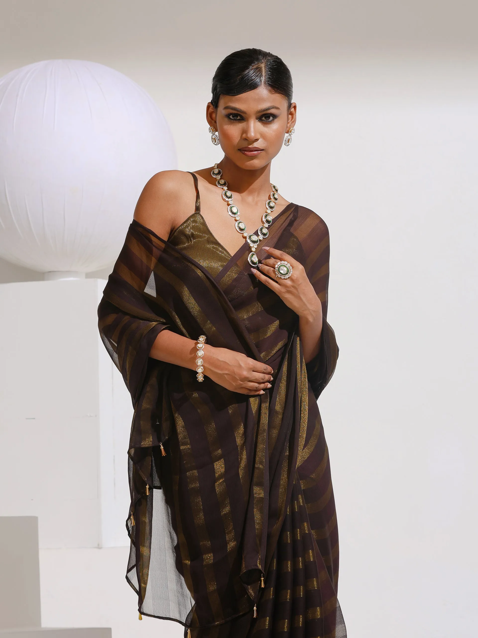 Henna Peekaboo Shimmer and Stripe Saree with Plain Blouse Fabric