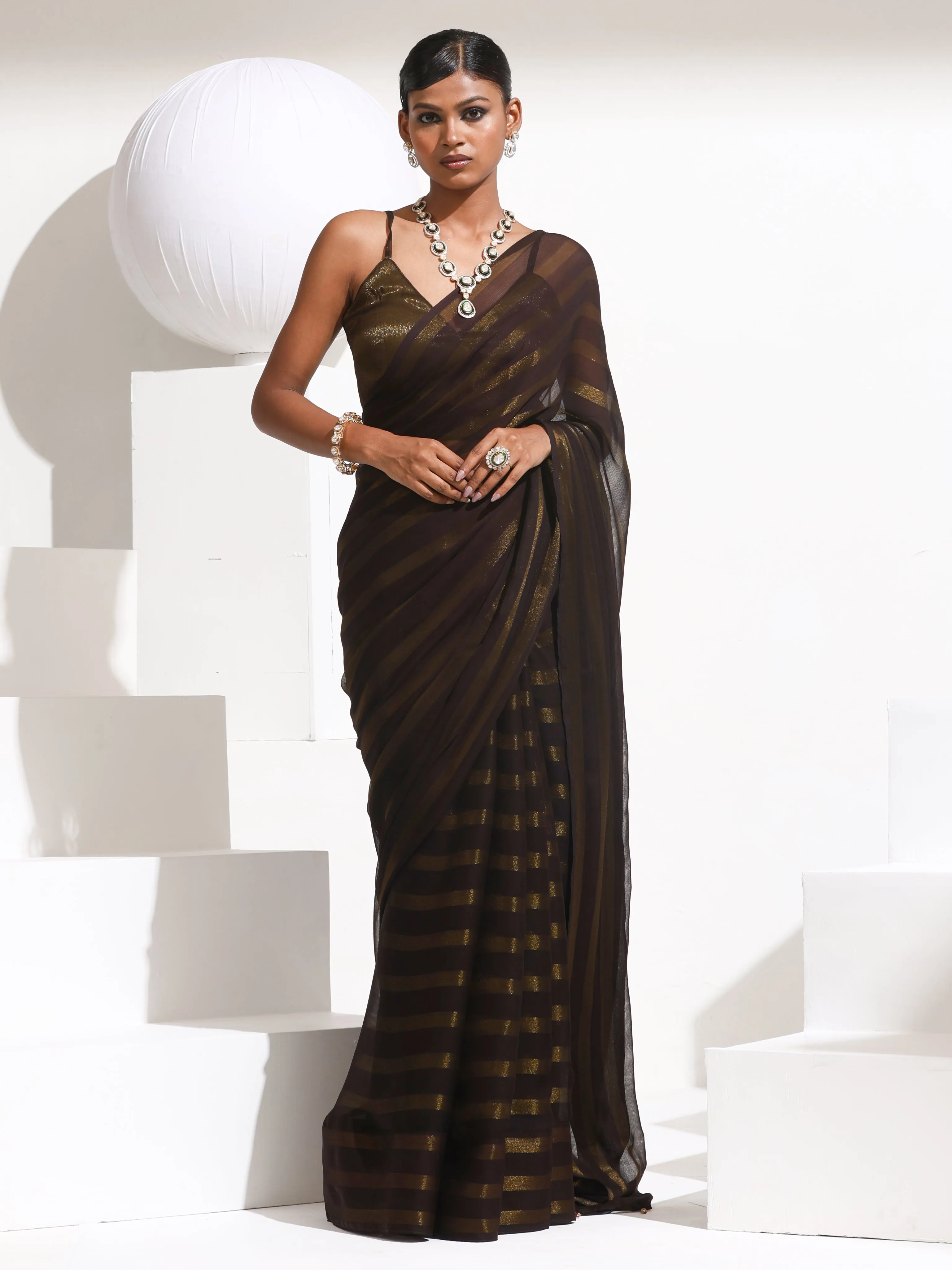 Henna Peekaboo Shimmer and Stripe Saree with Plain Blouse Fabric