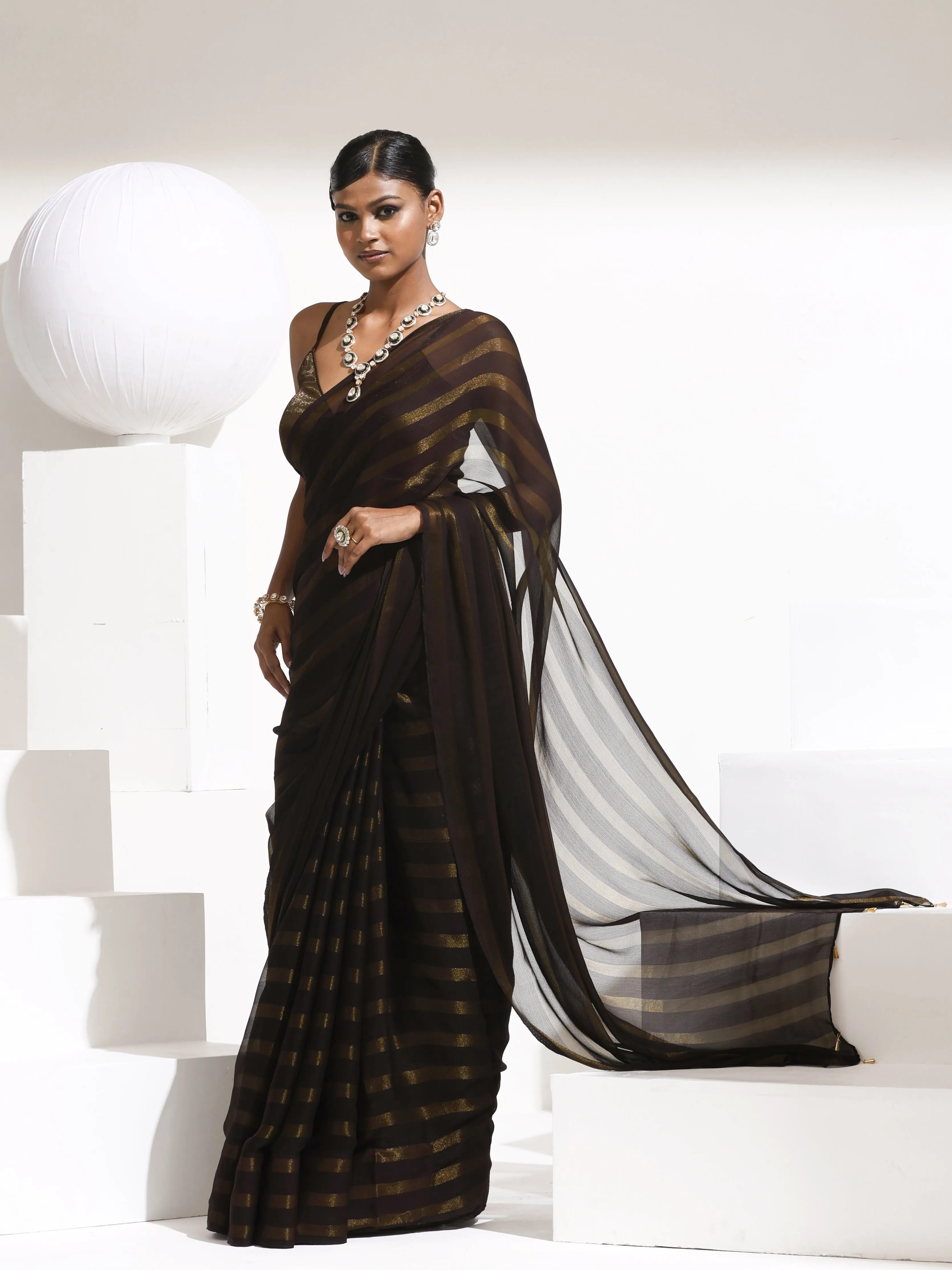 Henna Peekaboo Shimmer and Stripe Saree with Plain Blouse Fabric
