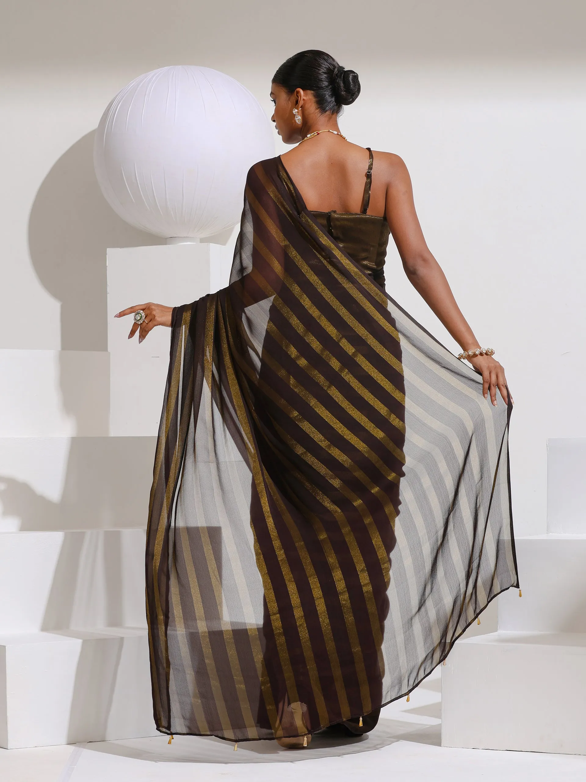 Henna Peekaboo Shimmer and Stripe Saree with Plain Blouse Fabric