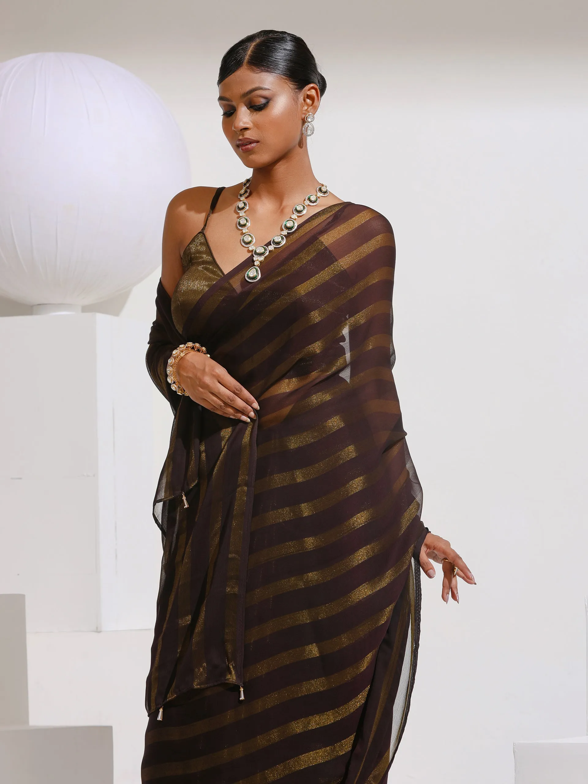 Henna Peekaboo Shimmer and Stripe Saree with Plain Blouse Fabric