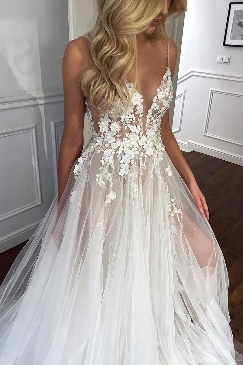 Hind | Spaghetti Straps V-Neck Lace Appliques A-line Tulle Rustic Wedding Dress