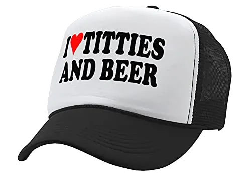 I Heart Titties and Beer - Love Funny Joke Gag - Unisex Adult Trucker Cap Hat, Black