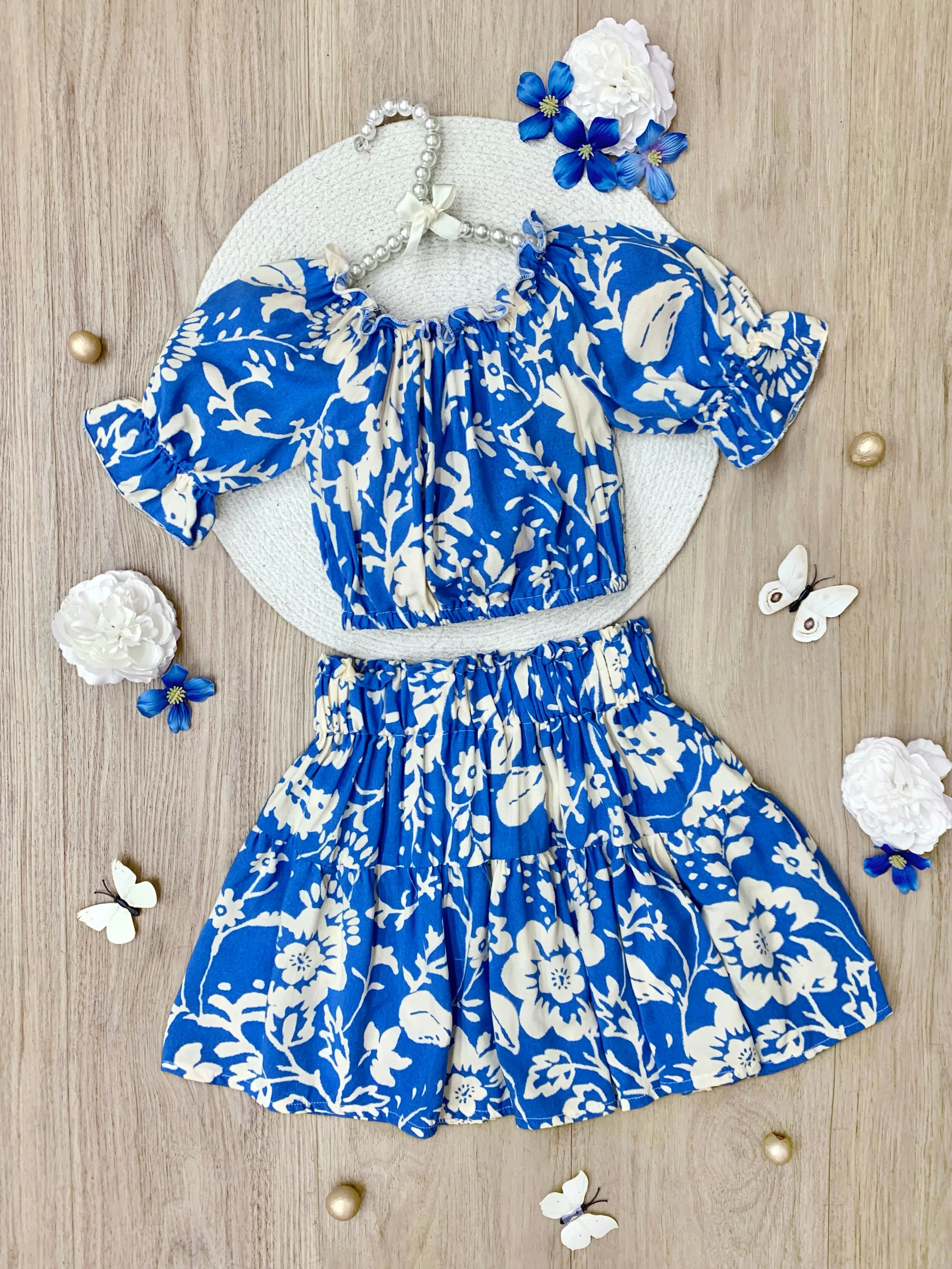 Indigo Bloom Smocked Top & Skirt Set
