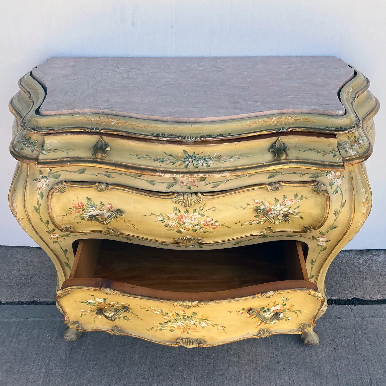 Italian Venetian Rococo Style Painted Pine/Poplar Marble Top Bombe Chest of Drawers
