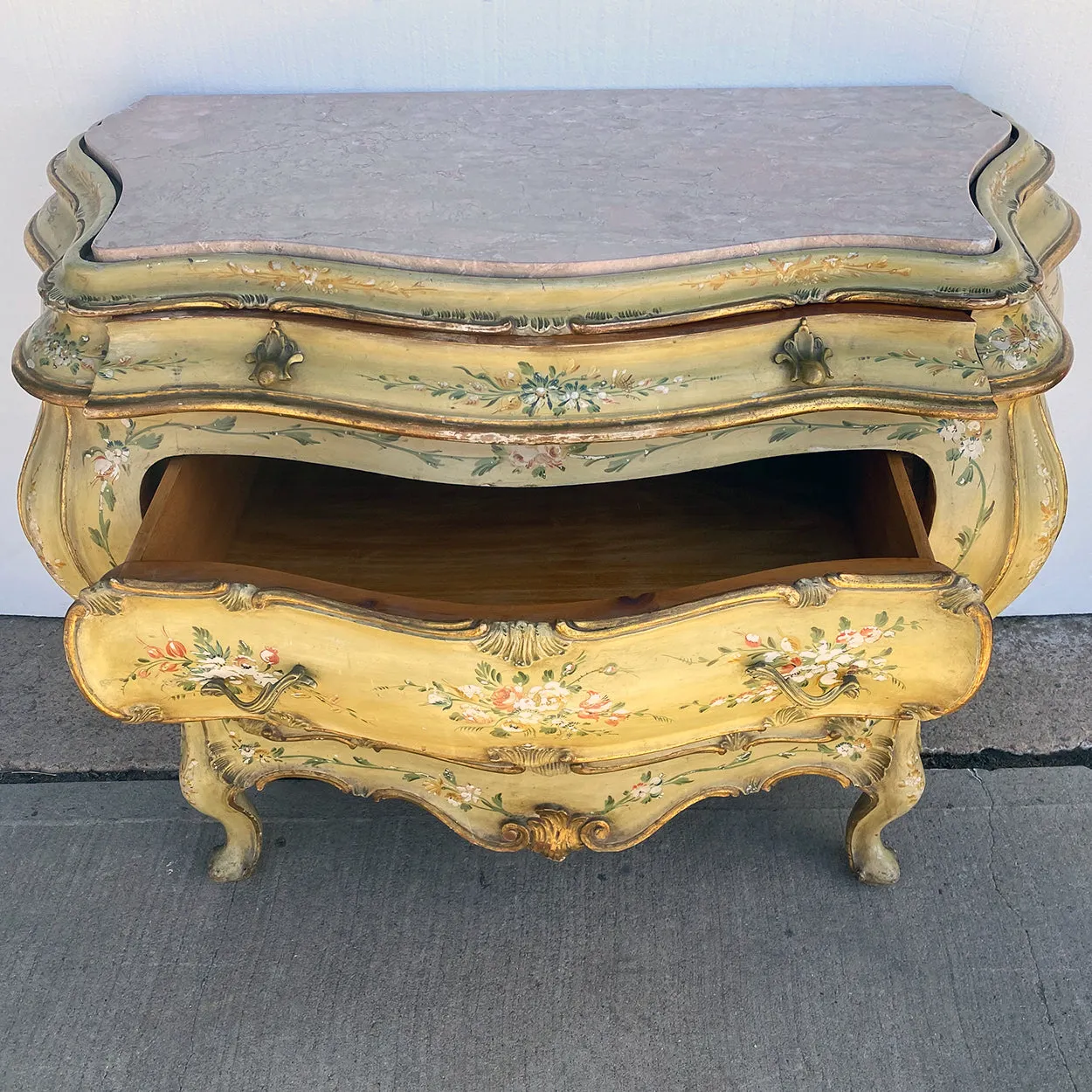 Italian Venetian Rococo Style Painted Pine/Poplar Marble Top Bombe Chest of Drawers