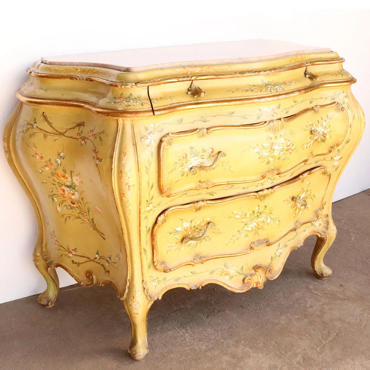 Italian Venetian Rococo Style Painted Pine/Poplar Marble Top Bombe Chest of Drawers