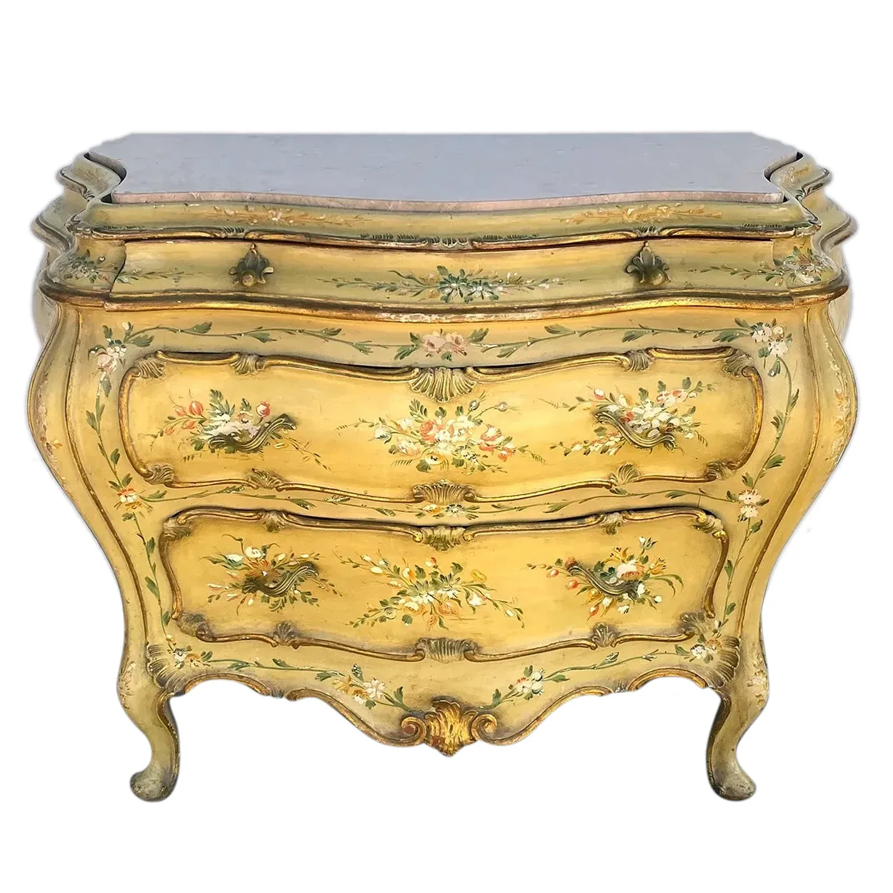 Italian Venetian Rococo Style Painted Pine/Poplar Marble Top Bombe Chest of Drawers
