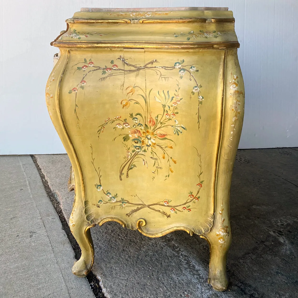 Italian Venetian Rococo Style Painted Pine/Poplar Marble Top Bombe Chest of Drawers
