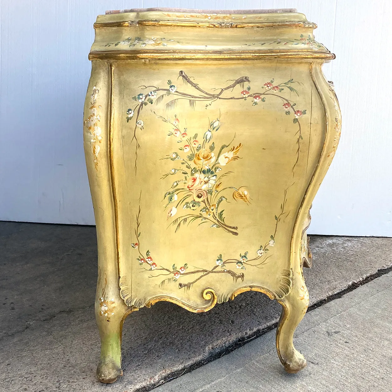 Italian Venetian Rococo Style Painted Pine/Poplar Marble Top Bombe Chest of Drawers