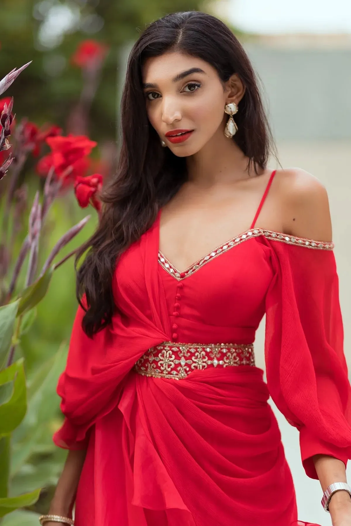 Juhi Godambe in Poppy Red Chiffon-Organza Jumpsuit & Dupatta with Embroidered Belt