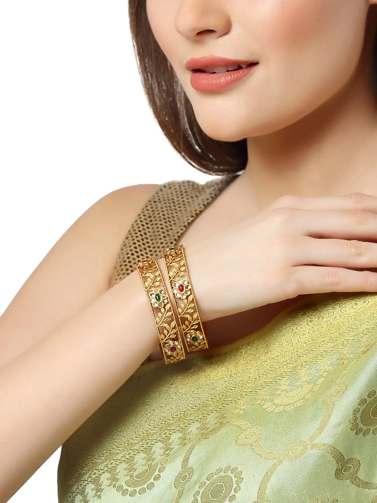 Karatcart Set of 2 Antique Floral Gold Plated Rajwadi Temple Bangles for Women