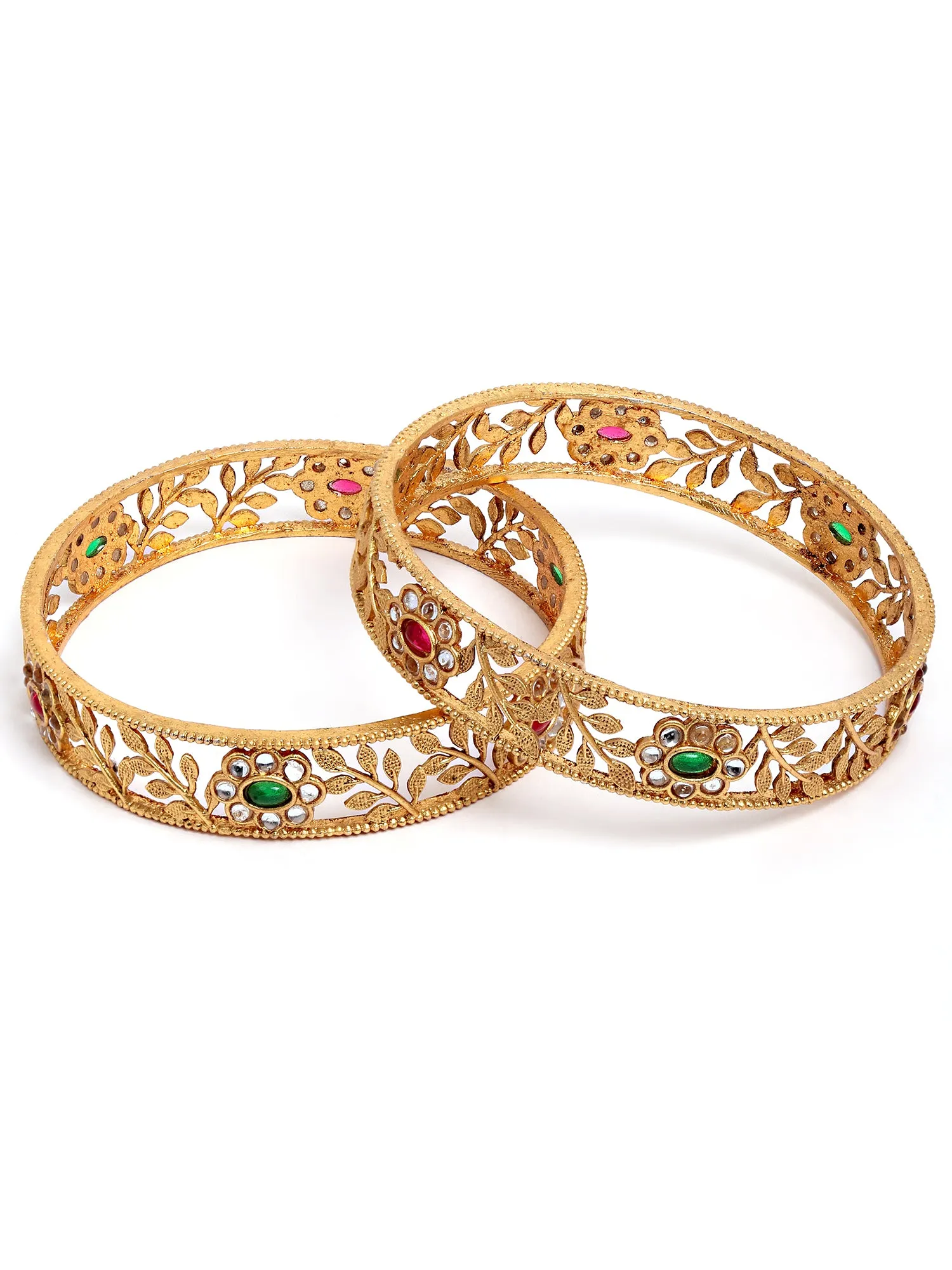 Karatcart Set of 2 Antique Floral Gold Plated Rajwadi Temple Bangles for Women