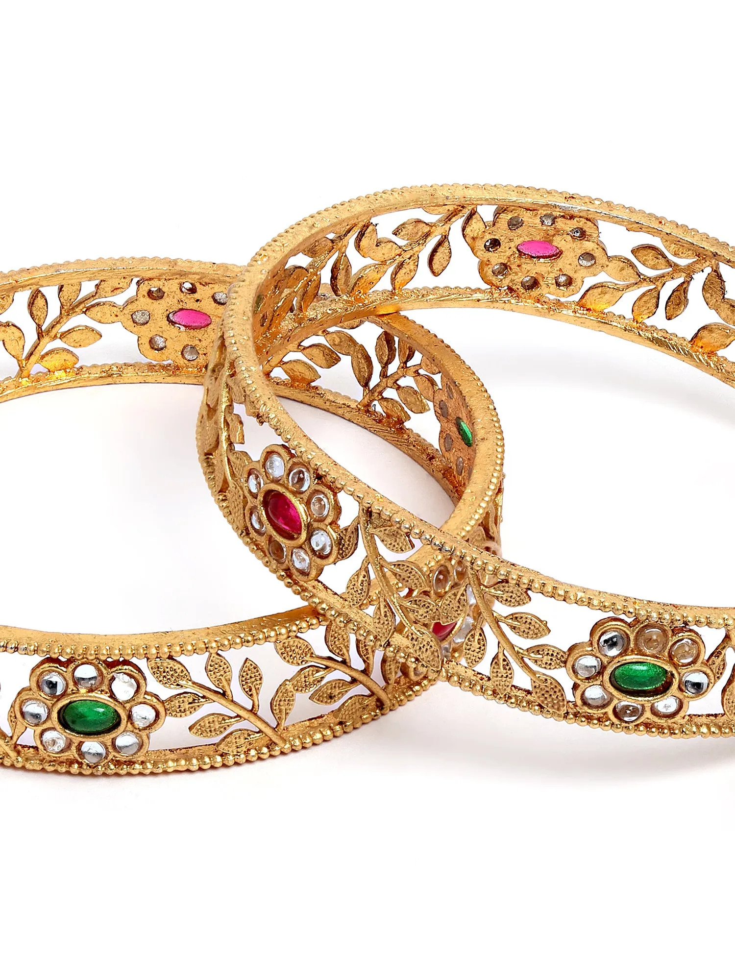 Karatcart Set of 2 Antique Floral Gold Plated Rajwadi Temple Bangles for Women