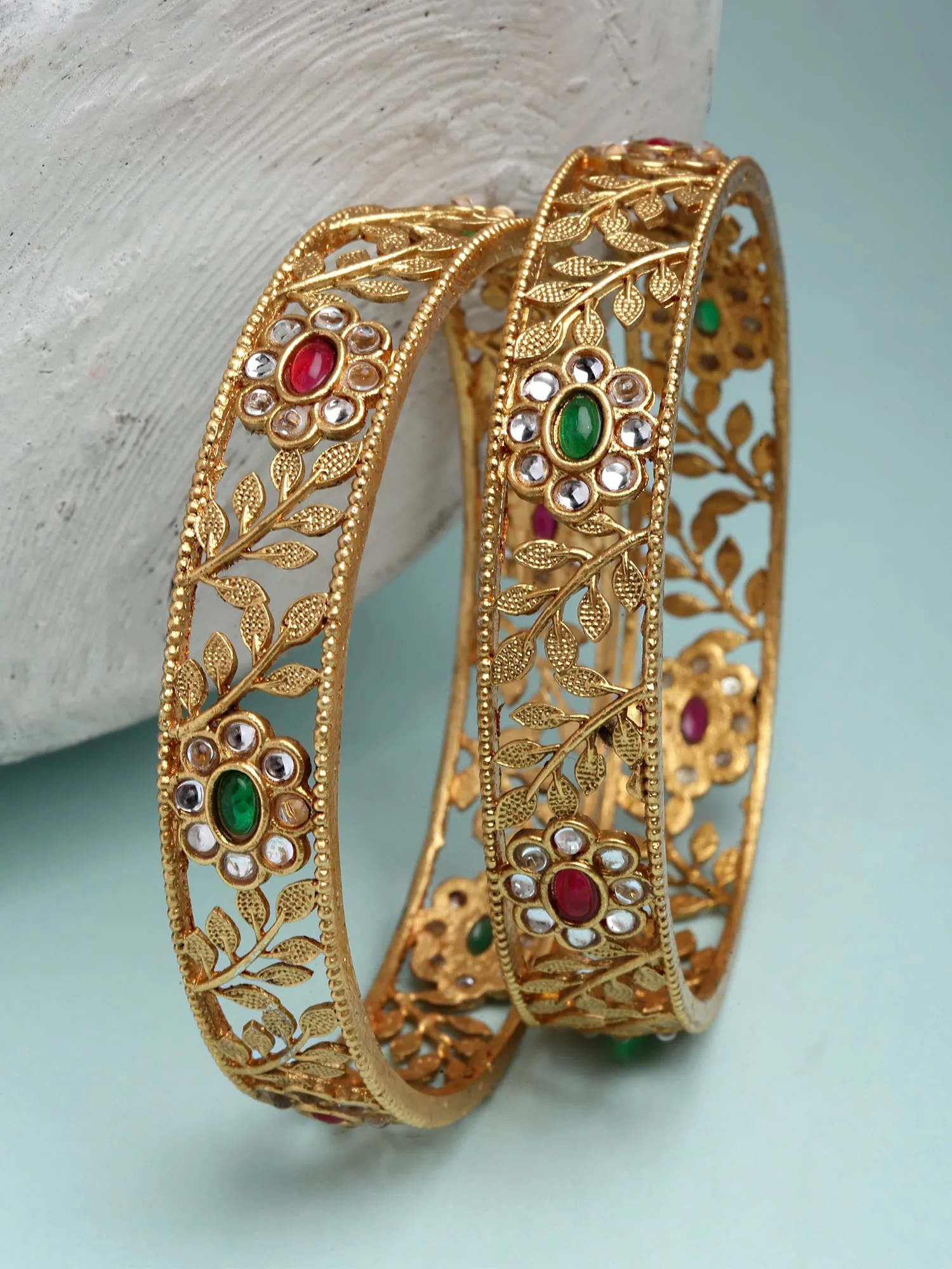 Karatcart Set of 2 Antique Floral Gold Plated Rajwadi Temple Bangles for Women