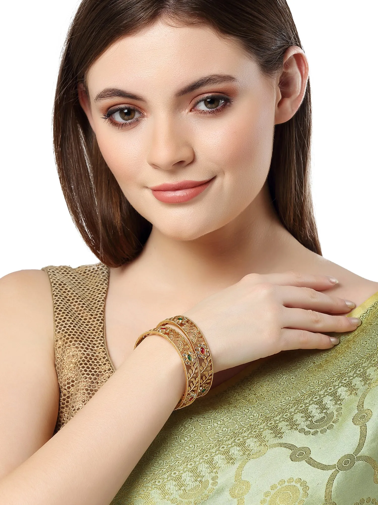 Karatcart Set of 2 Antique Floral Gold Plated Rajwadi Temple Bangles for Women