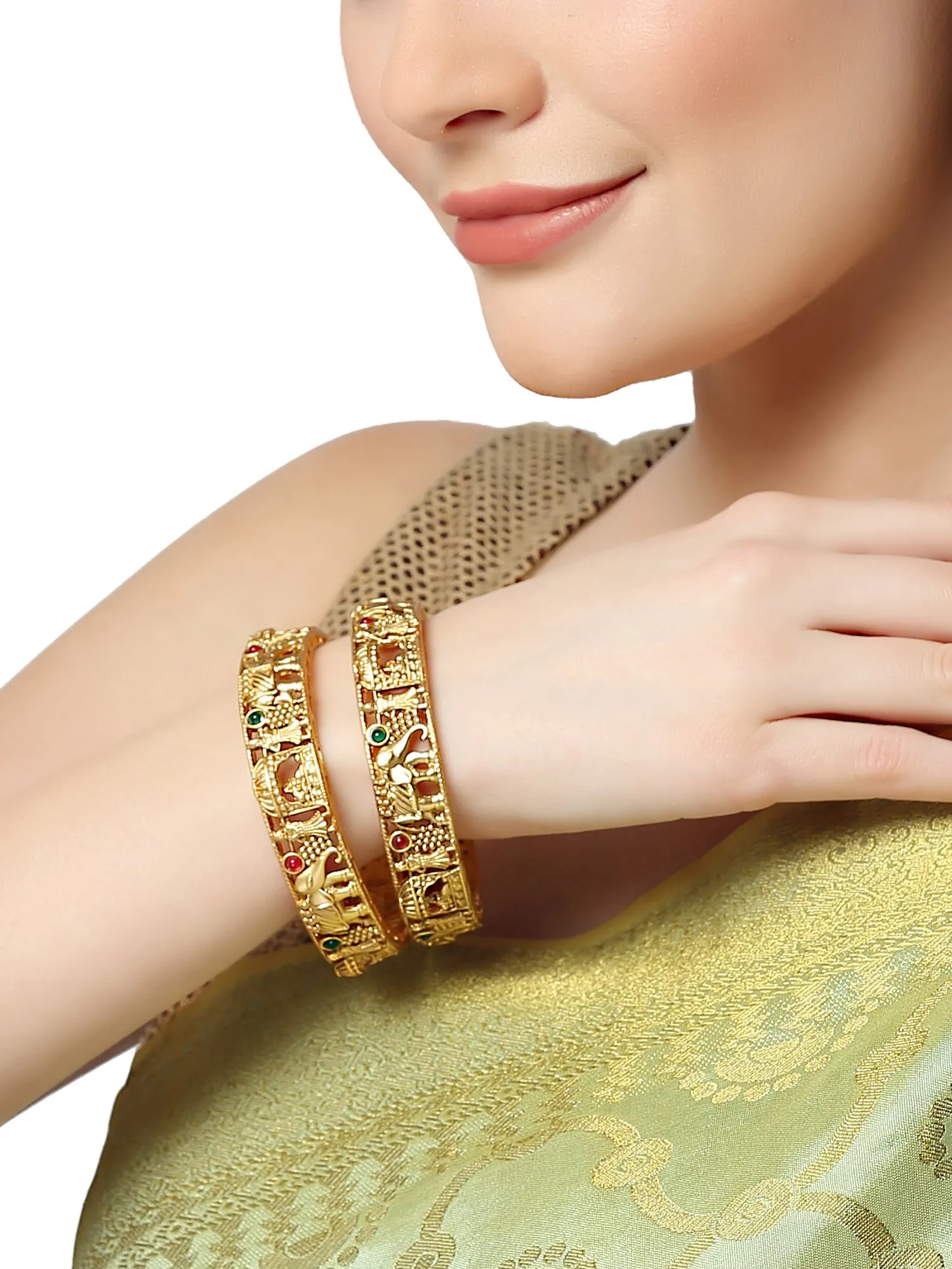 Karatcart Set of 2 Antique Gold Plated Rajwadi Temple Bangles for Women