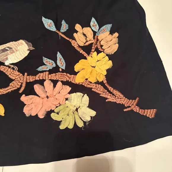 Karen Nicol Anthropologie Black Embroidered Sparrow Floral 100% Silk Skirt 4