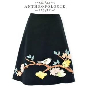 Karen Nicol Anthropologie Black Embroidered Sparrow Floral 100% Silk Skirt 4