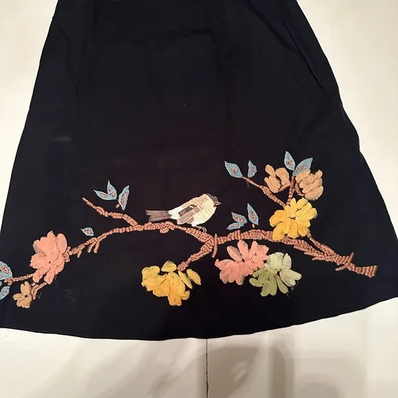 Karen Nicol Anthropologie Black Embroidered Sparrow Floral 100% Silk Skirt 4