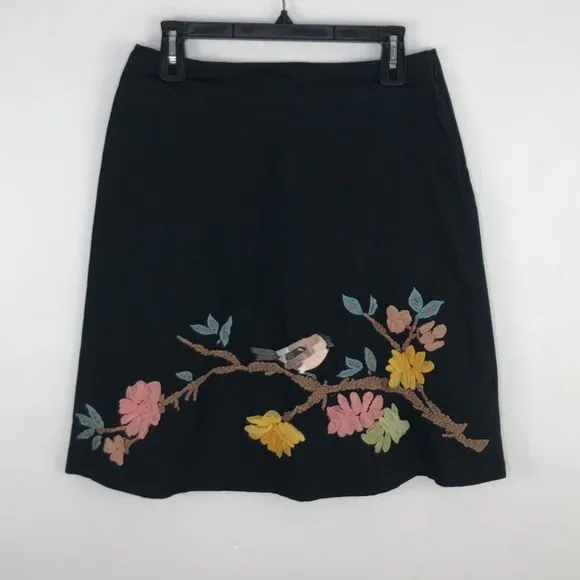 Karen Nicol Anthropologie Black Embroidered Sparrow Floral 100% Silk Skirt 4