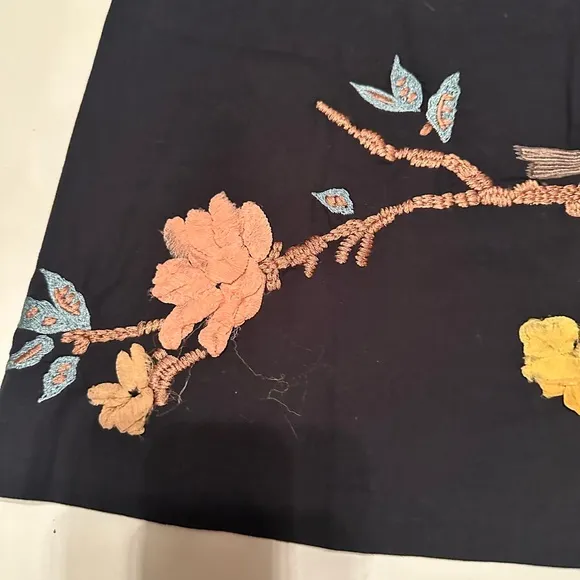 Karen Nicol Anthropologie Black Embroidered Sparrow Floral 100% Silk Skirt 4