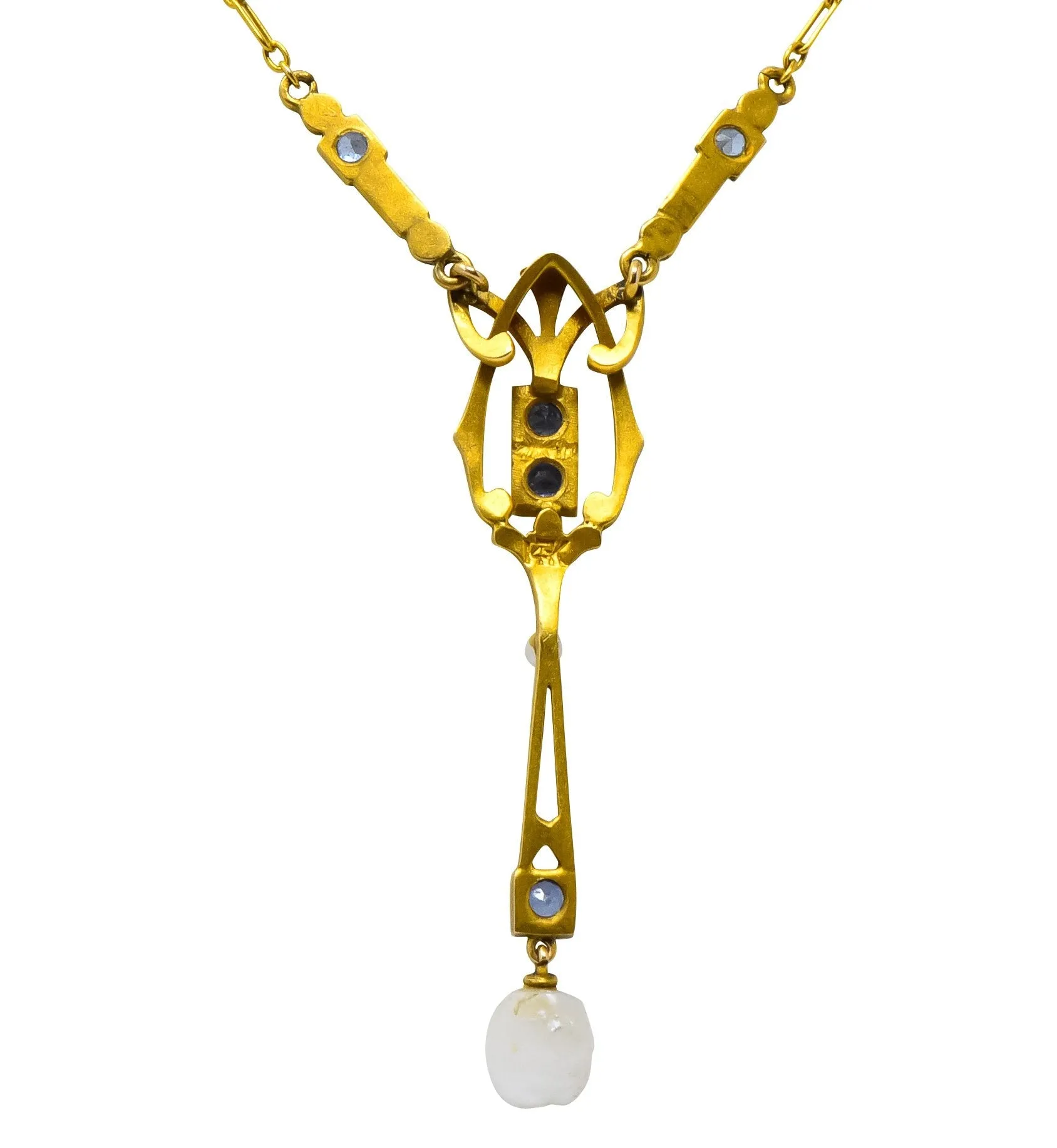 Krementz Art Nouveau 1.34 CTW Sapphire Pearl 14 Karat Gold Necklace