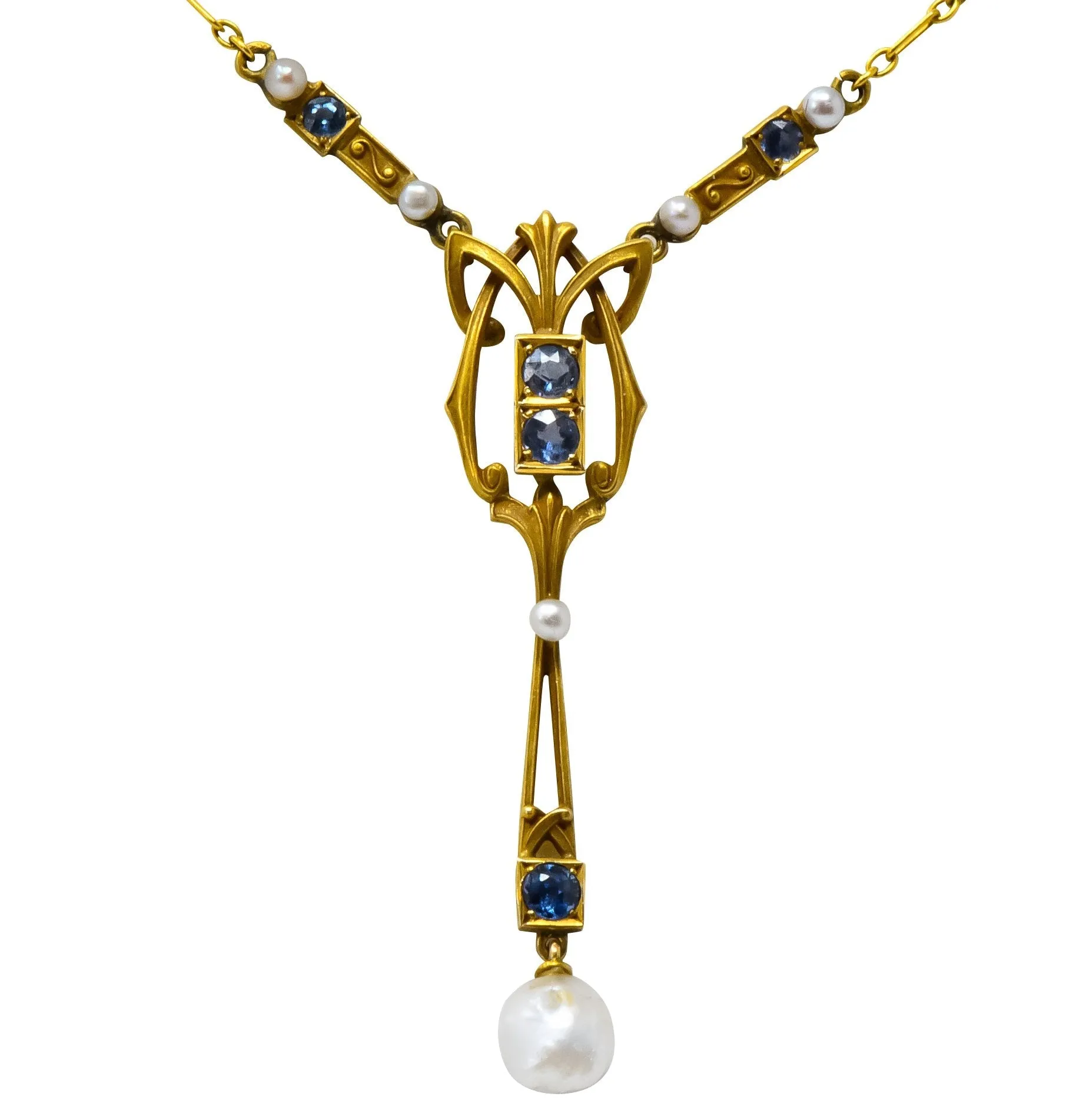 Krementz Art Nouveau 1.34 CTW Sapphire Pearl 14 Karat Gold Necklace