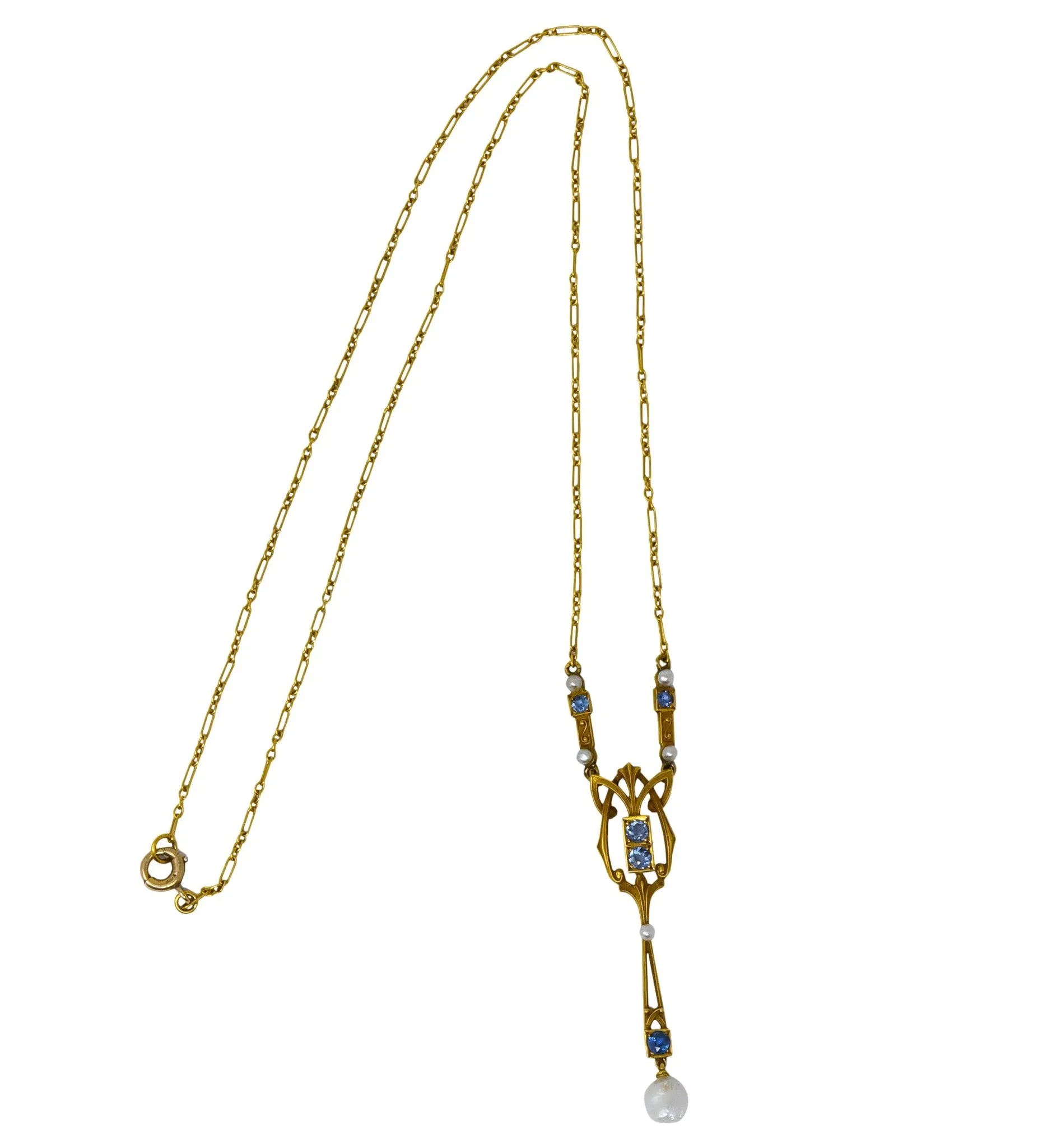 Krementz Art Nouveau 1.34 CTW Sapphire Pearl 14 Karat Gold Necklace