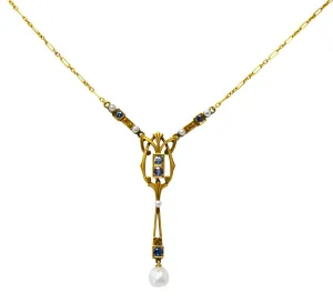 Krementz Art Nouveau 1.34 CTW Sapphire Pearl 14 Karat Gold Necklace