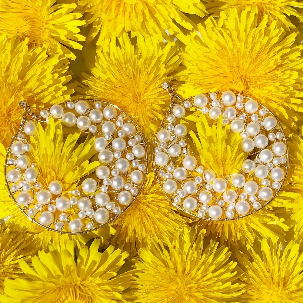 Large Lace Pearl Hoops with Diamonds