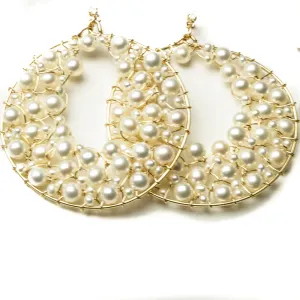 Large Lace Pearl Hoops with Diamonds