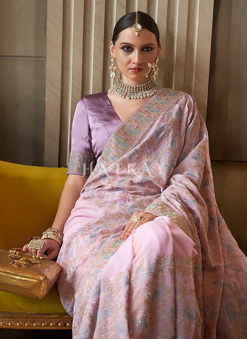 Lavender Multi Embroidery Silk Saree