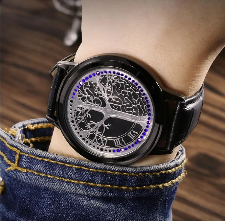 LED Fashion Men Women Waterproof Sports Wrist Watch with Leather Band Black L