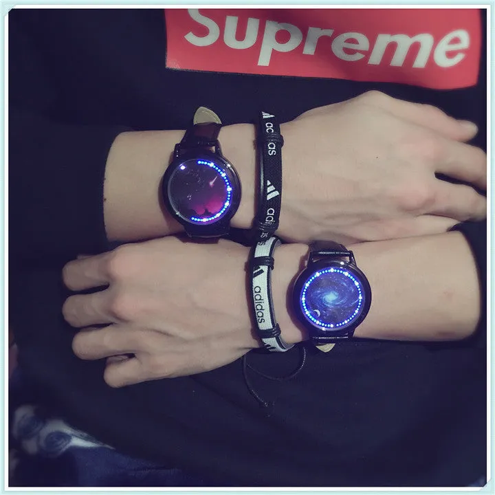 LED Fashion Men Women Waterproof Sports Wrist Watch with Leather Band Black L