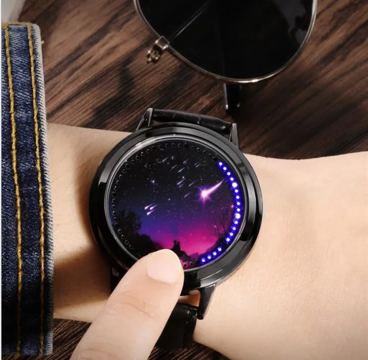 LED Fashion Men Women Waterproof Sports Wrist Watch with Leather Band Black L