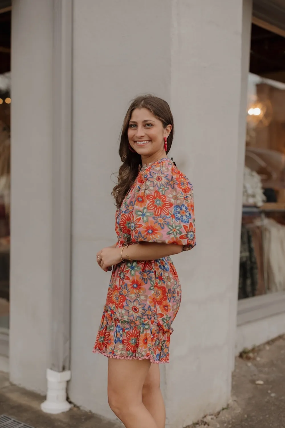 Lesley Lace Trim Mauve Floral Belted Dress