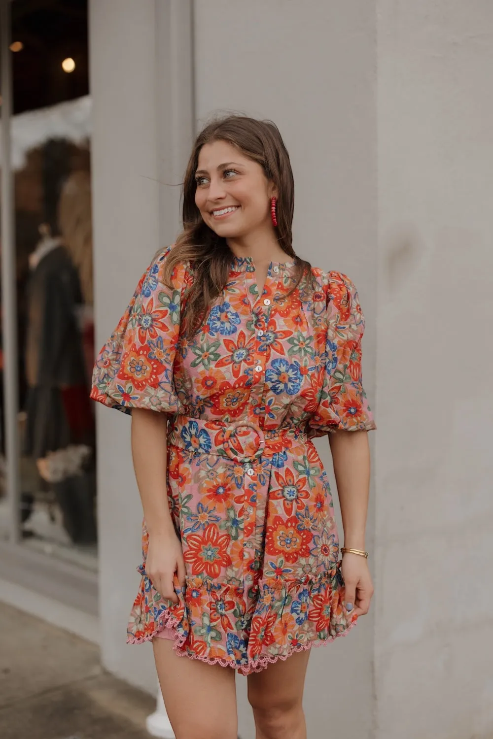 Lesley Lace Trim Mauve Floral Belted Dress