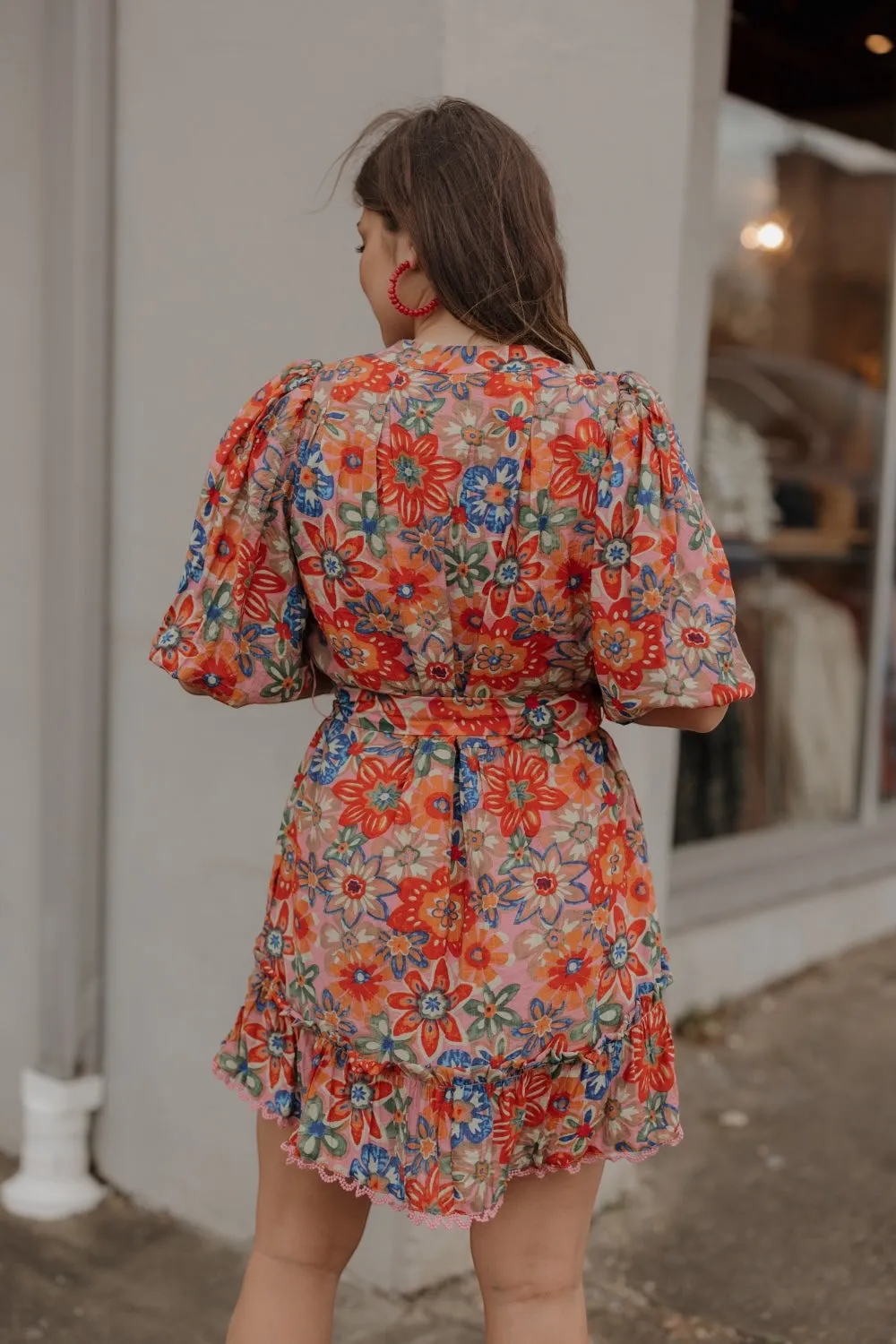 Lesley Lace Trim Mauve Floral Belted Dress