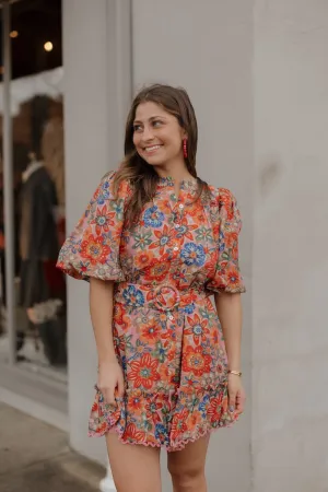 Lesley Lace Trim Mauve Floral Belted Dress