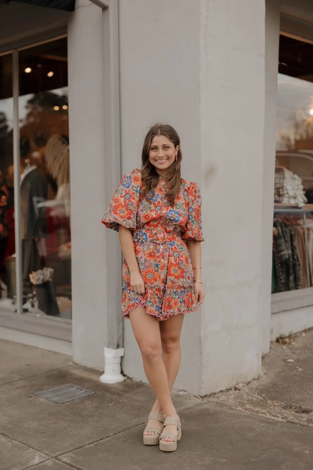 Lesley Lace Trim Mauve Floral Belted Dress