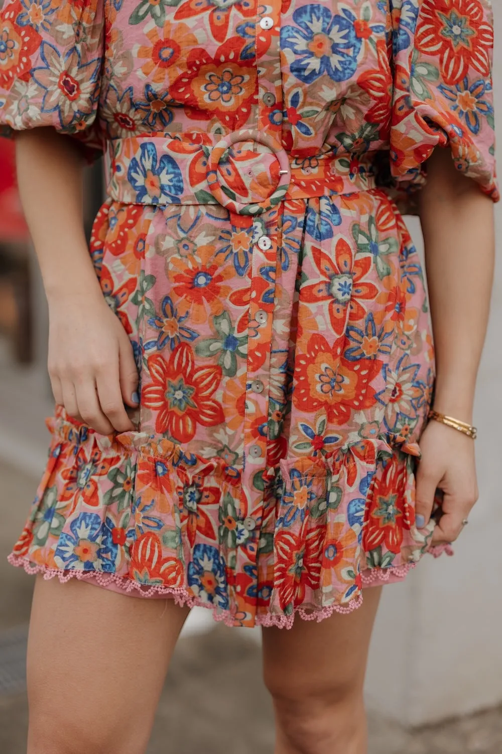Lesley Lace Trim Mauve Floral Belted Dress